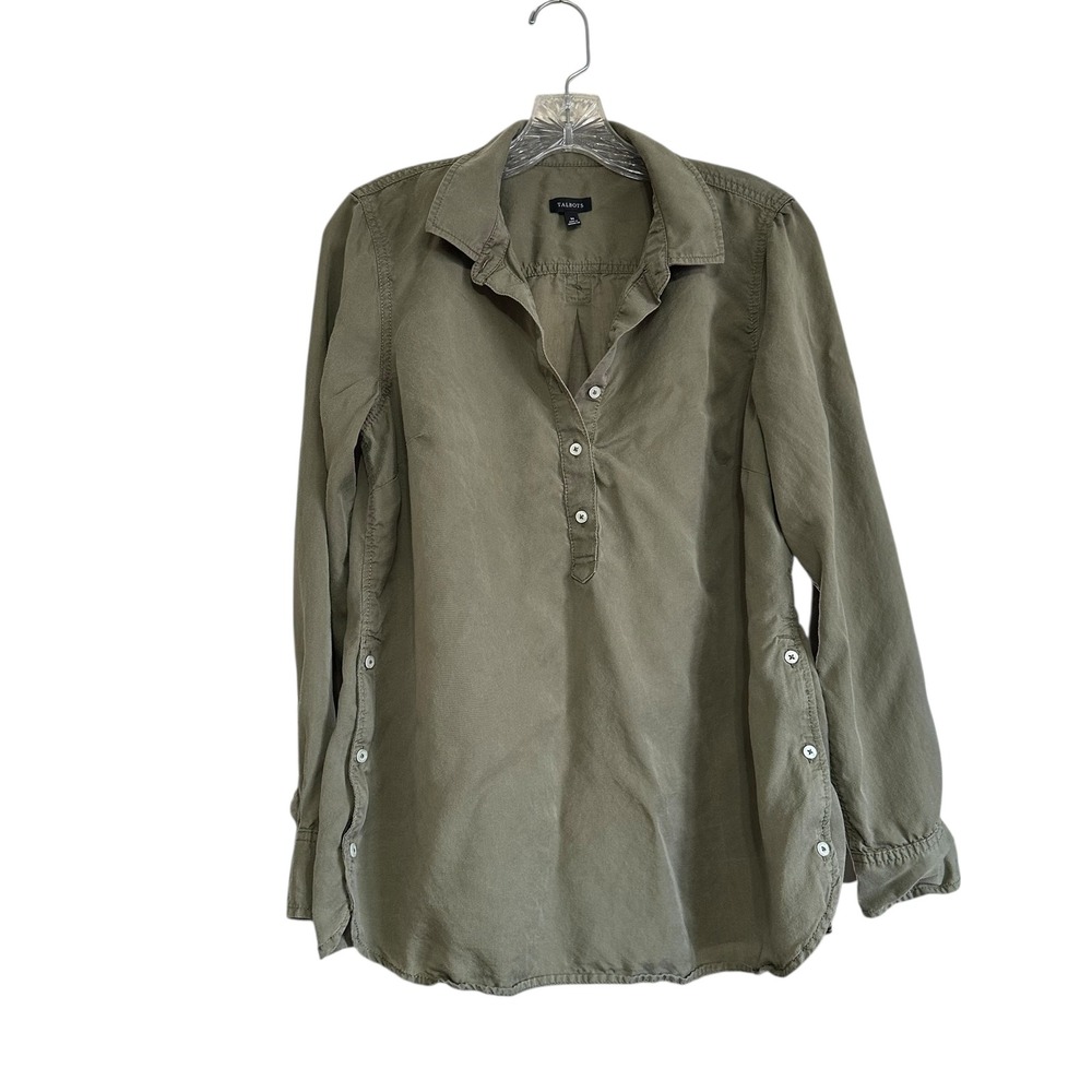 Talbots Olive Green 1/2 Button Front Popover Tunic Shirt Sz M Lyocell Casual